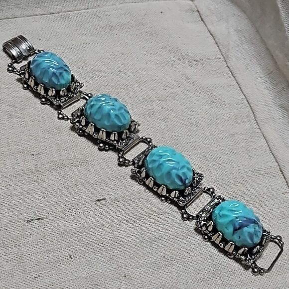 Vintage Wide Bracelet Faux Turquoise Lucite Cabochon Openwork Panels 7.5 - Picture 1 of 9